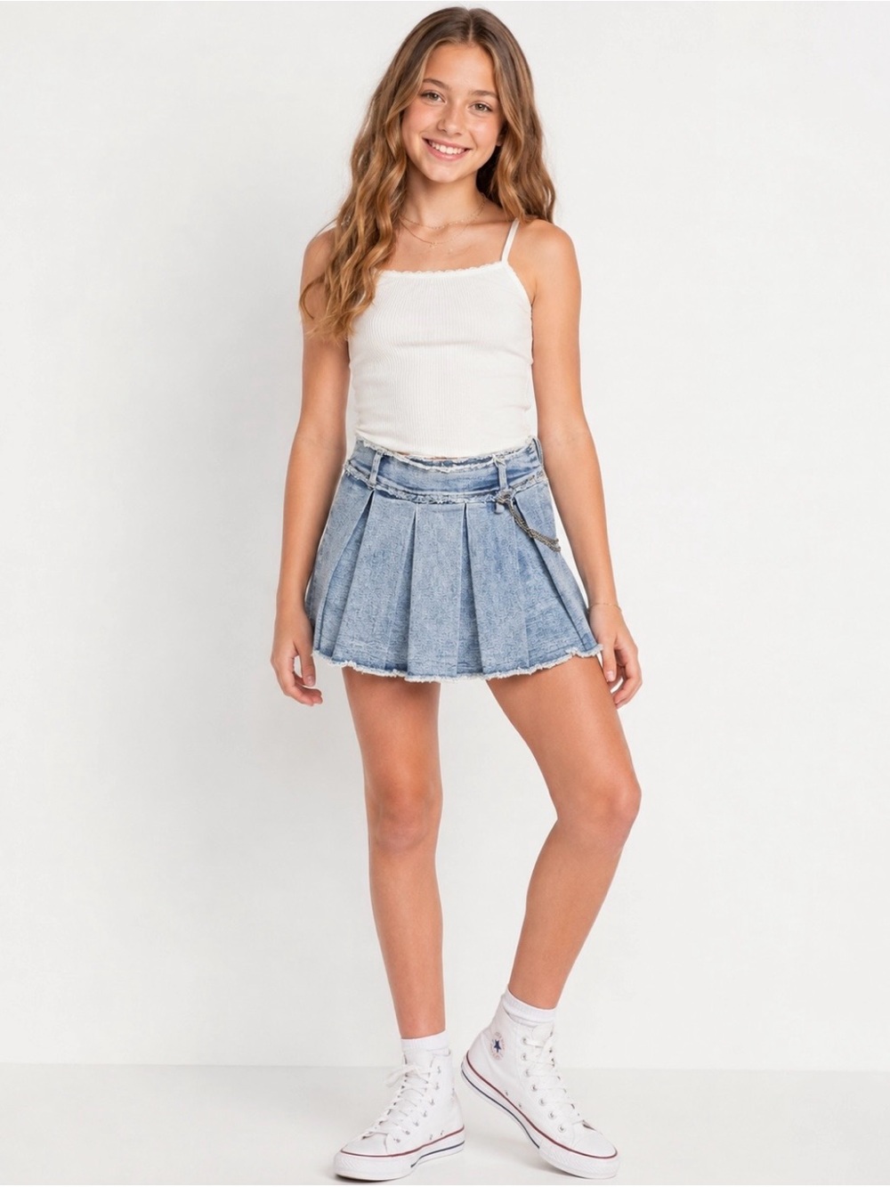 Tractr Girls Pleated Denim Skort Light Wash Blue Frayed Chain Size 12 NWT